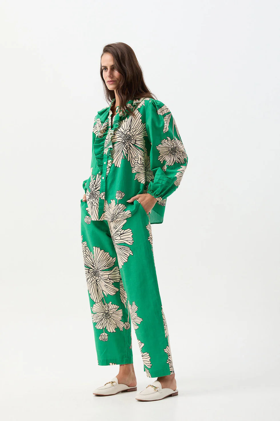 Linen Cotton Ruffle Blouse - Zinnia Print
