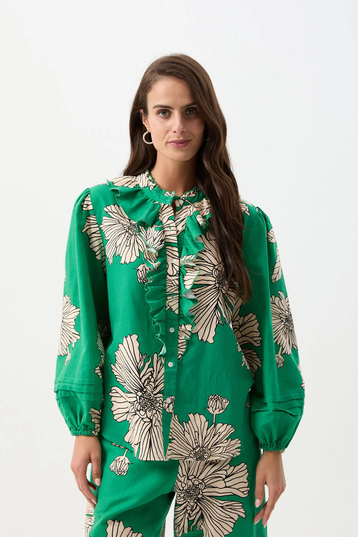 Linen Cotton Ruffle Blouse - Zinnia Print