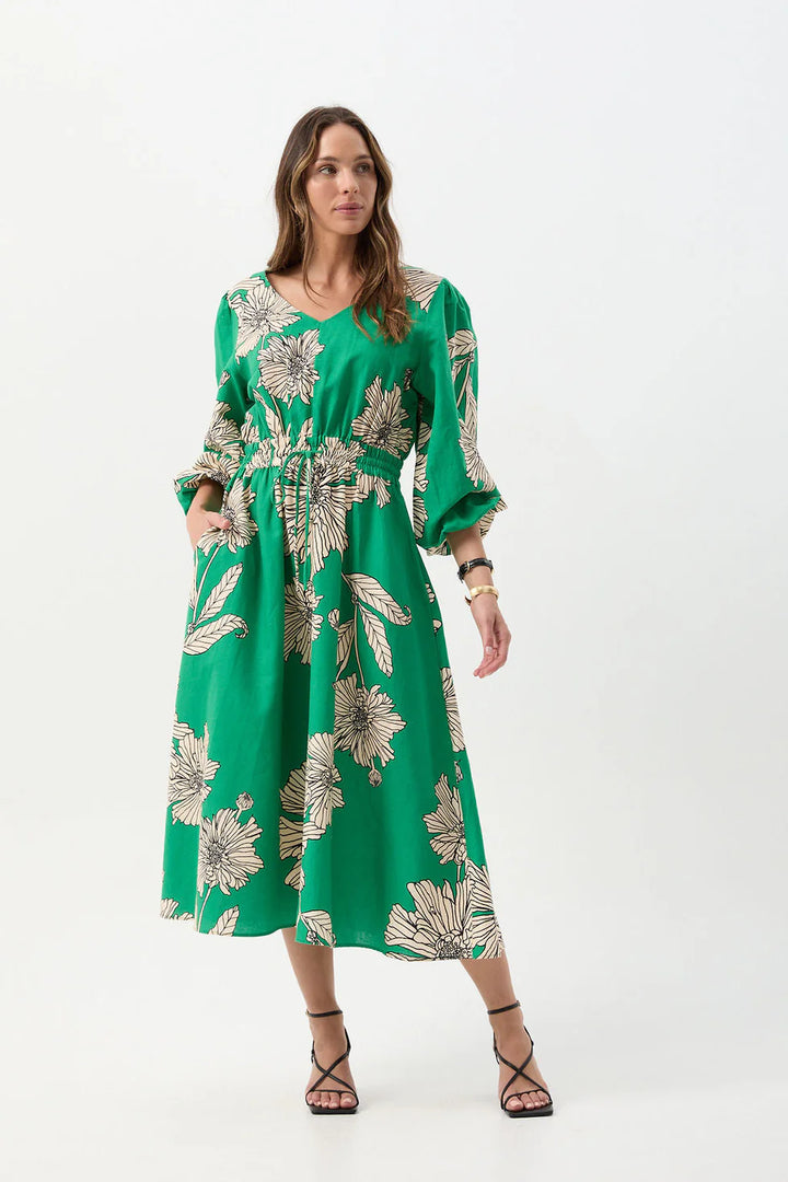 Linen Cotton V Neck Dress - Zinnia Print