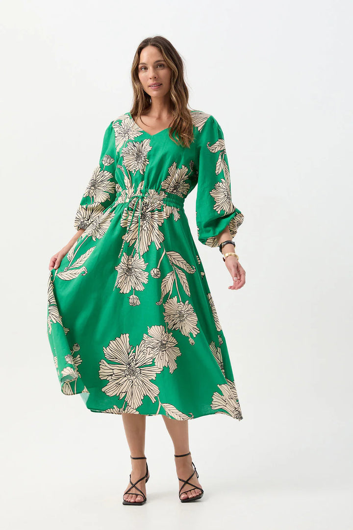 Linen Cotton V Neck Dress - Zinnia Print
