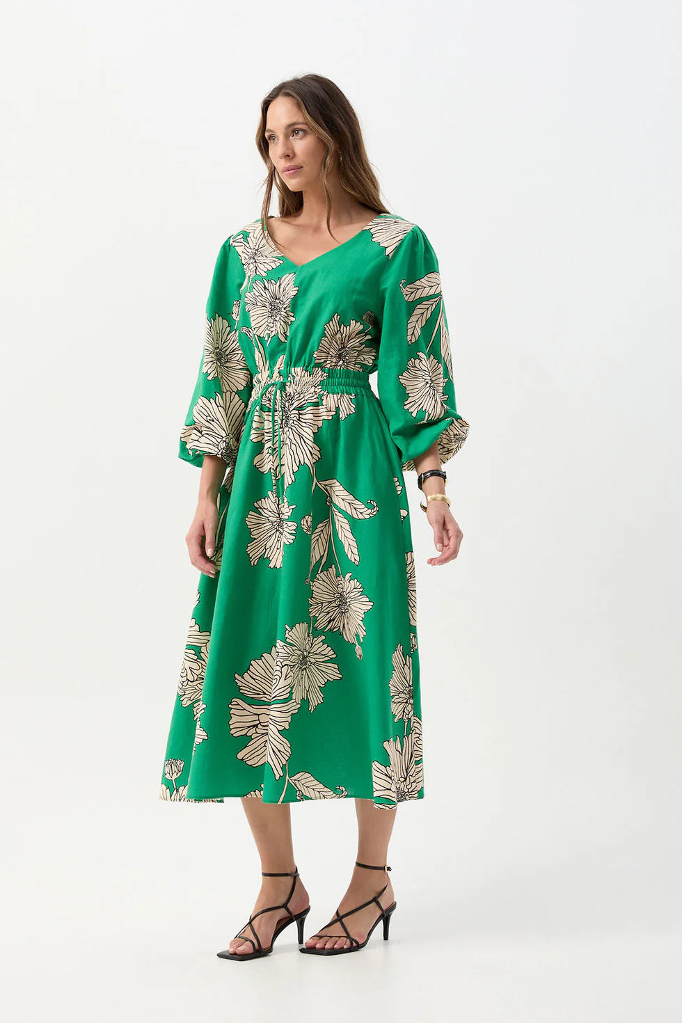 Linen Cotton V Neck Dress - Zinnia Print