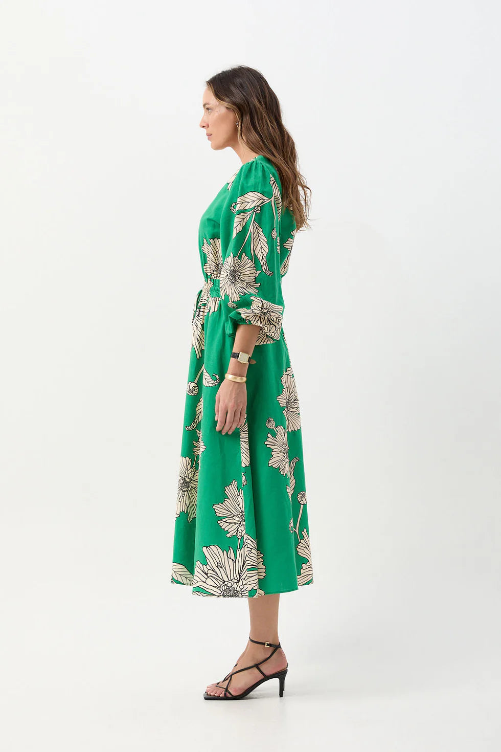 Linen Cotton V Neck Dress - Zinnia Print