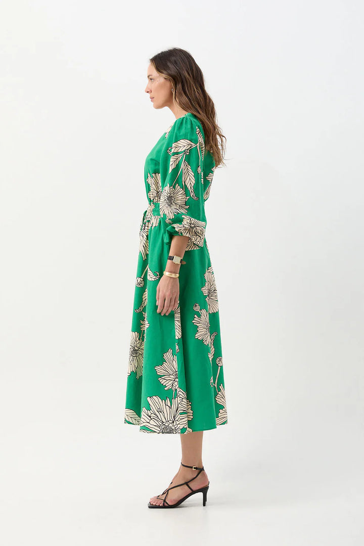 Linen Cotton V Neck Dress - Zinnia Print