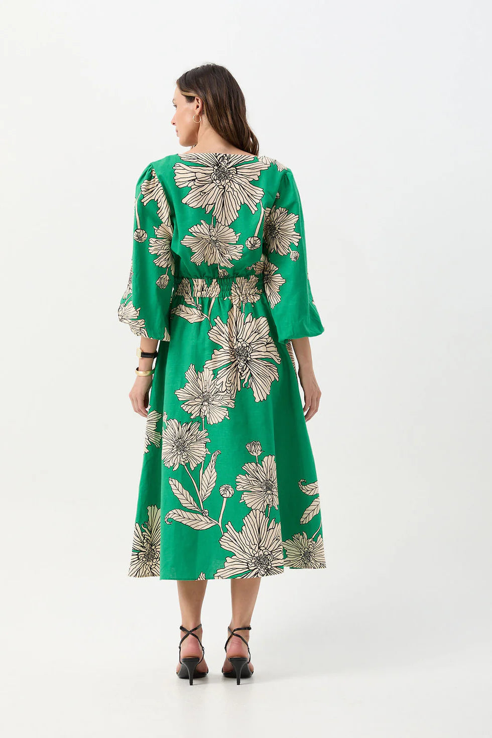 Linen Cotton V Neck Dress - Zinnia Print