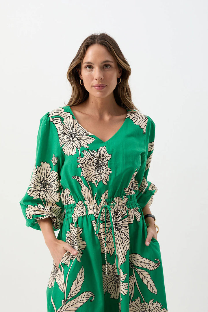 Linen Cotton V Neck Dress - Zinnia Print