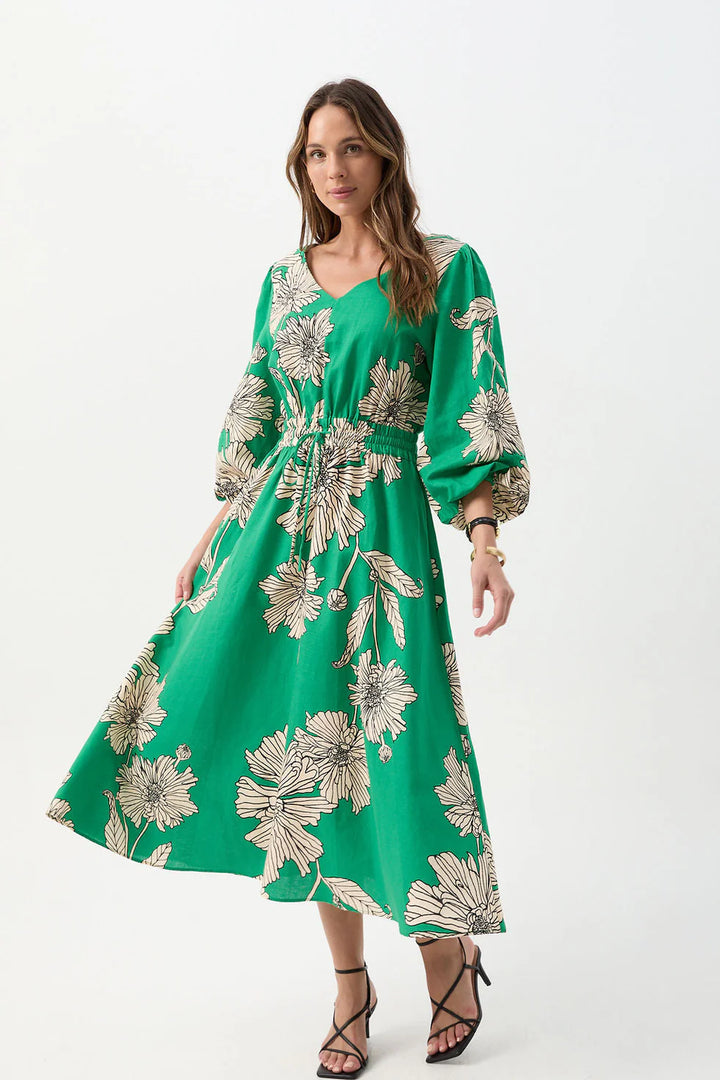 Linen Cotton V Neck Dress - Zinnia Print