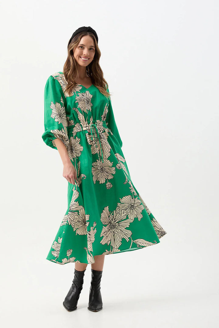 Linen Cotton V Neck Dress - Zinnia Print