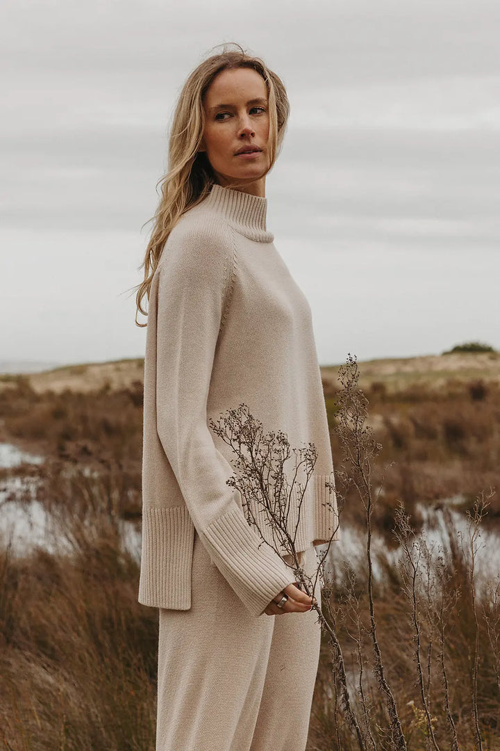Harmony Merino Cotton Mock Neck Pullover - Nougat