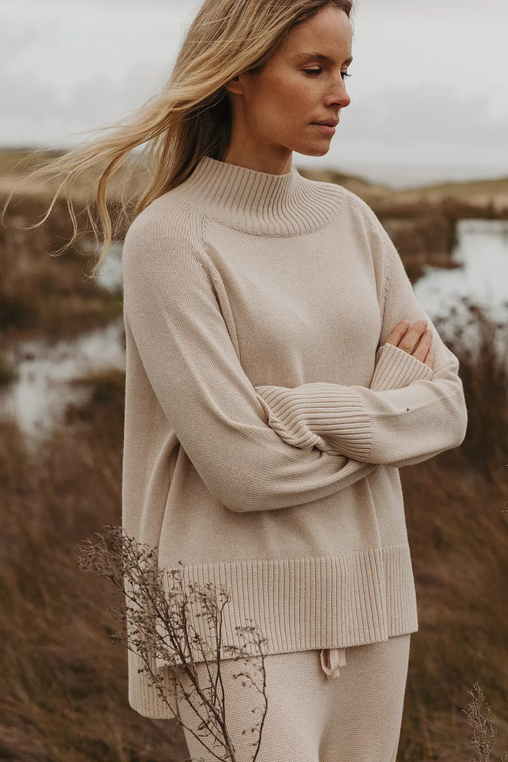 Harmony Merino Cotton Mock Neck Pullover - Nougat