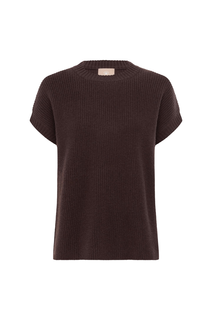 Brown ribbed knit t-shirt on a white background