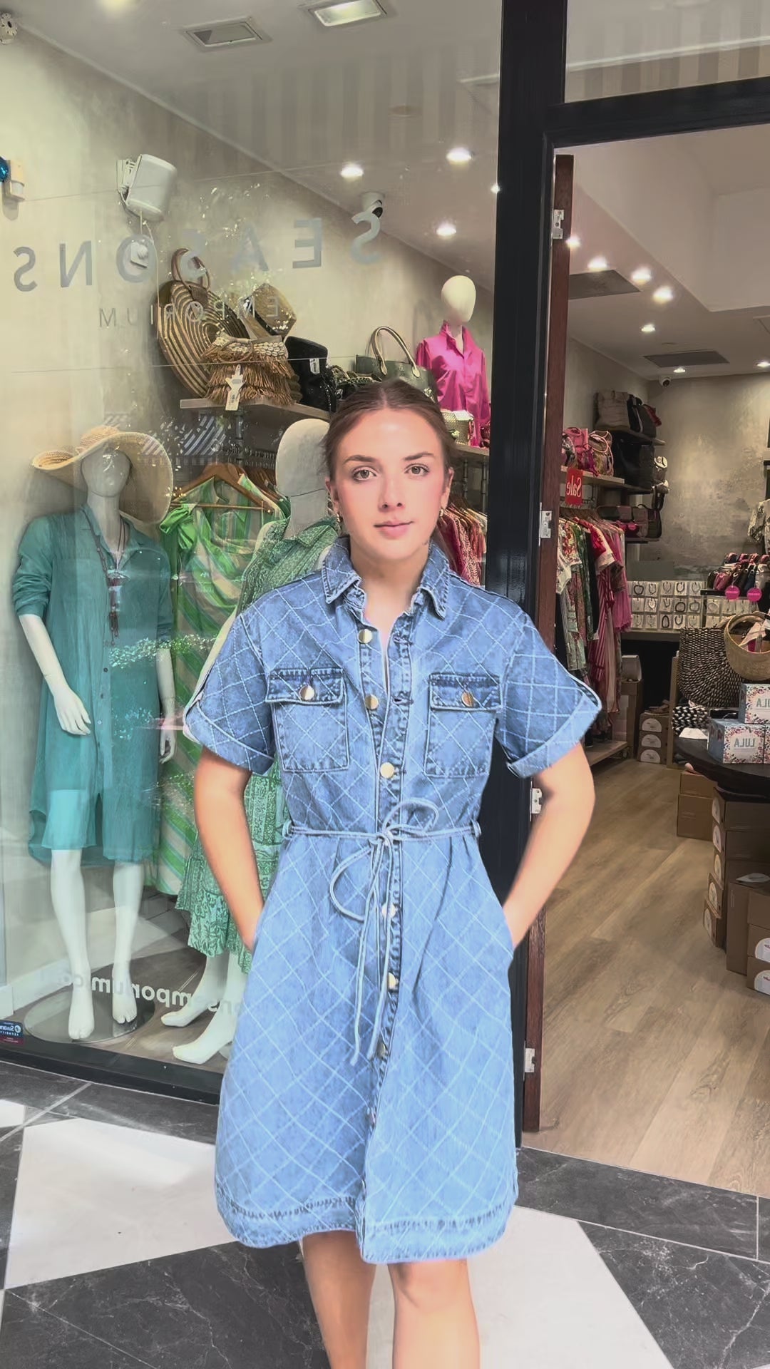 Girl in denim dress, Kireina Simone Dress Check Stitch Video