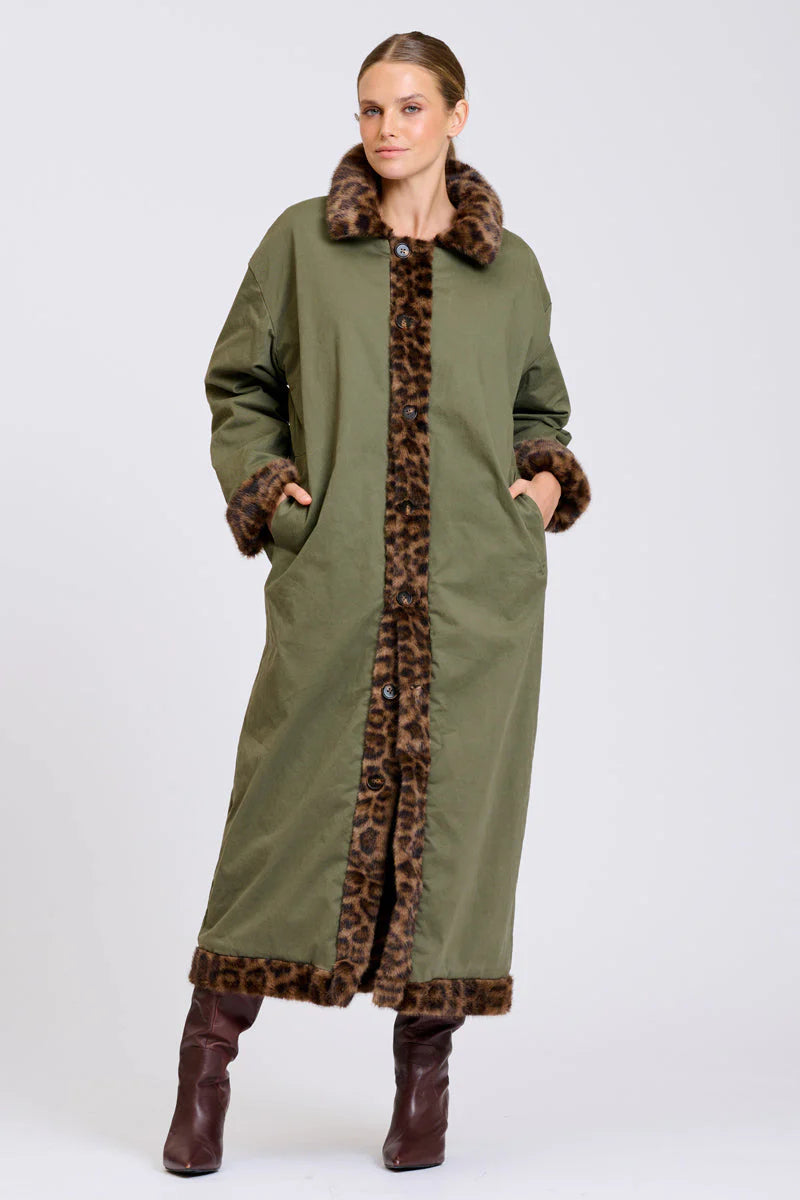Leopard Reverso Long Faux Fur Reversable Coat - Leopard & Khaki