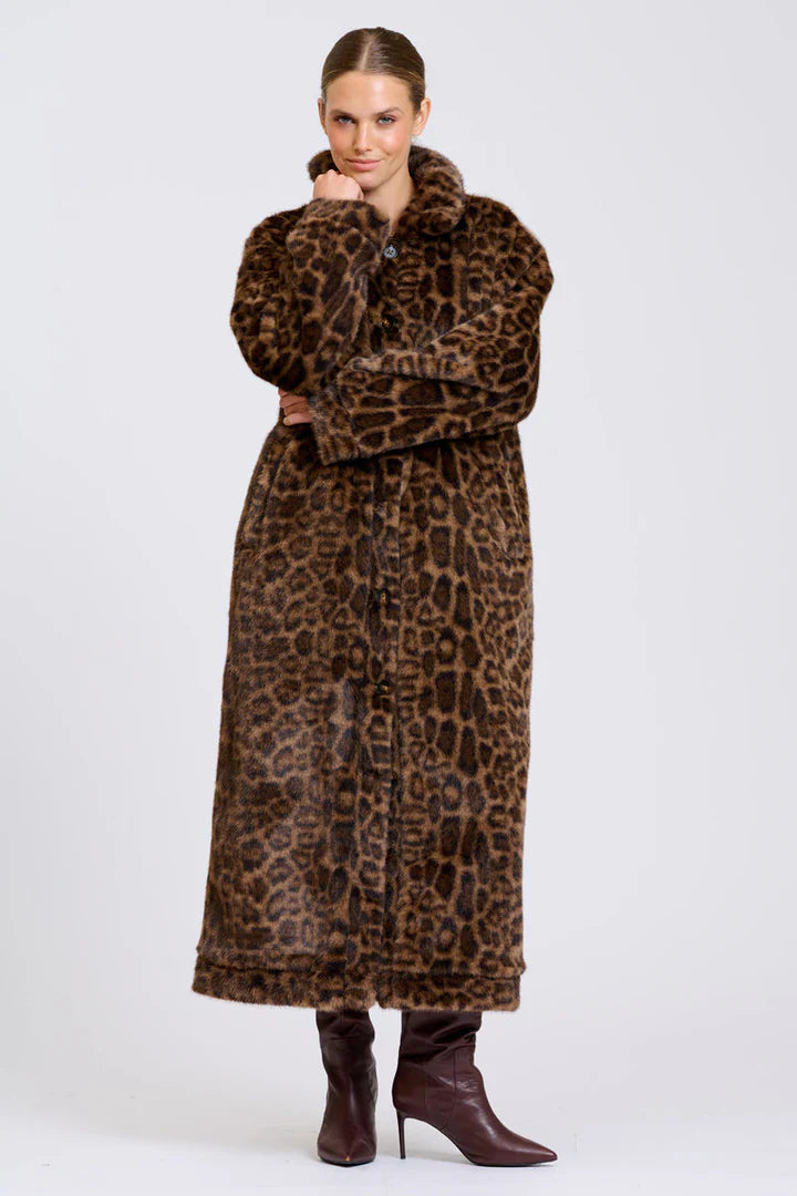 Leopard Reverso Long Faux Fur Reversable Coat - Leopard & Khaki
