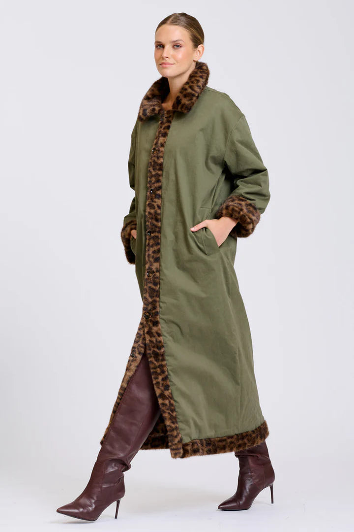 Leopard Reverso Long Faux Fur Reversable Coat - Leopard & Khaki