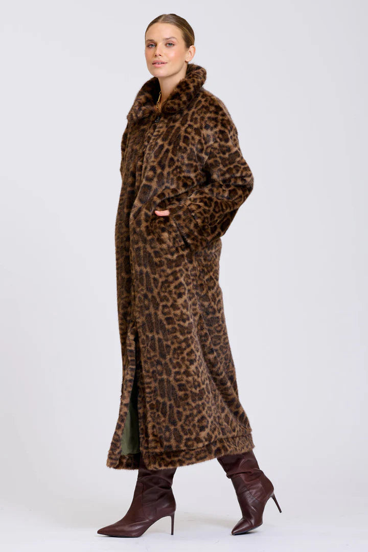 Leopard Reverso Long Faux Fur Reversable Coat - Leopard & Khaki