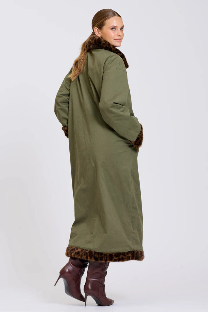 Leopard Reverso Long Faux Fur Reversable Coat - Leopard & Khaki