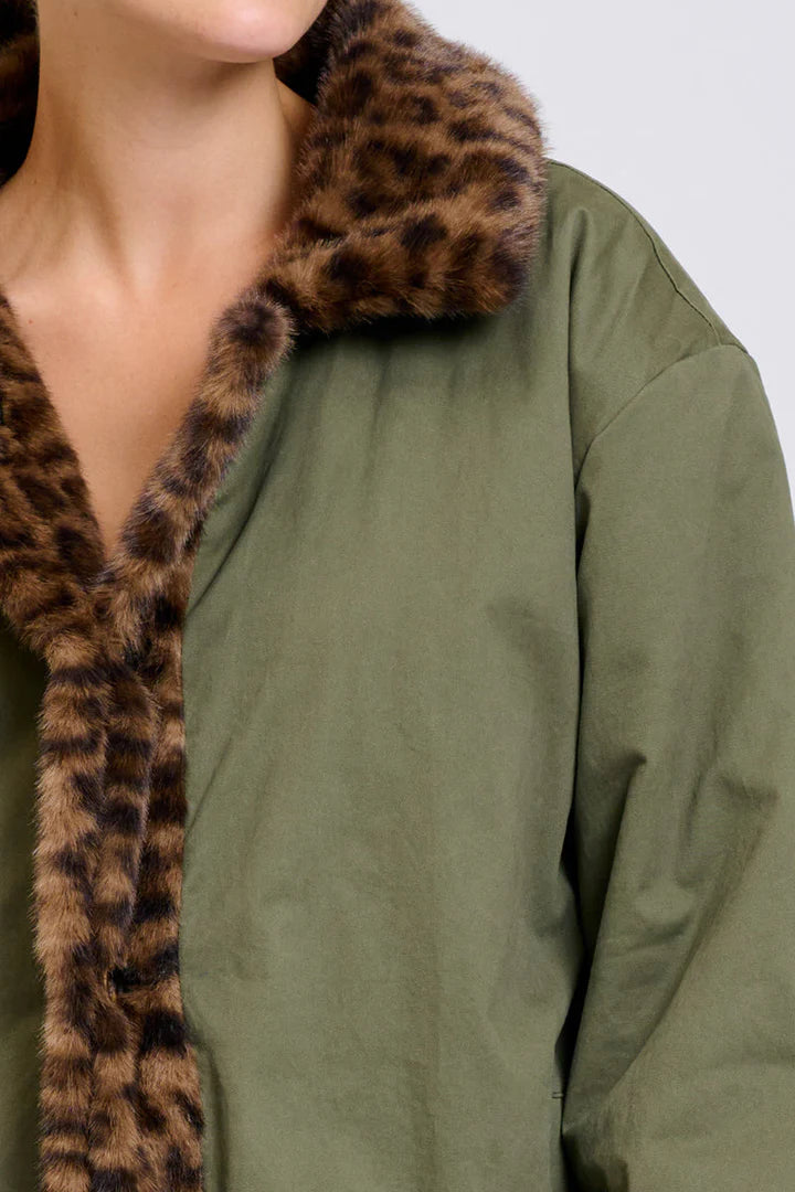 Leopard Reverso Long Faux Fur Reversable Coat - Leopard & Khaki