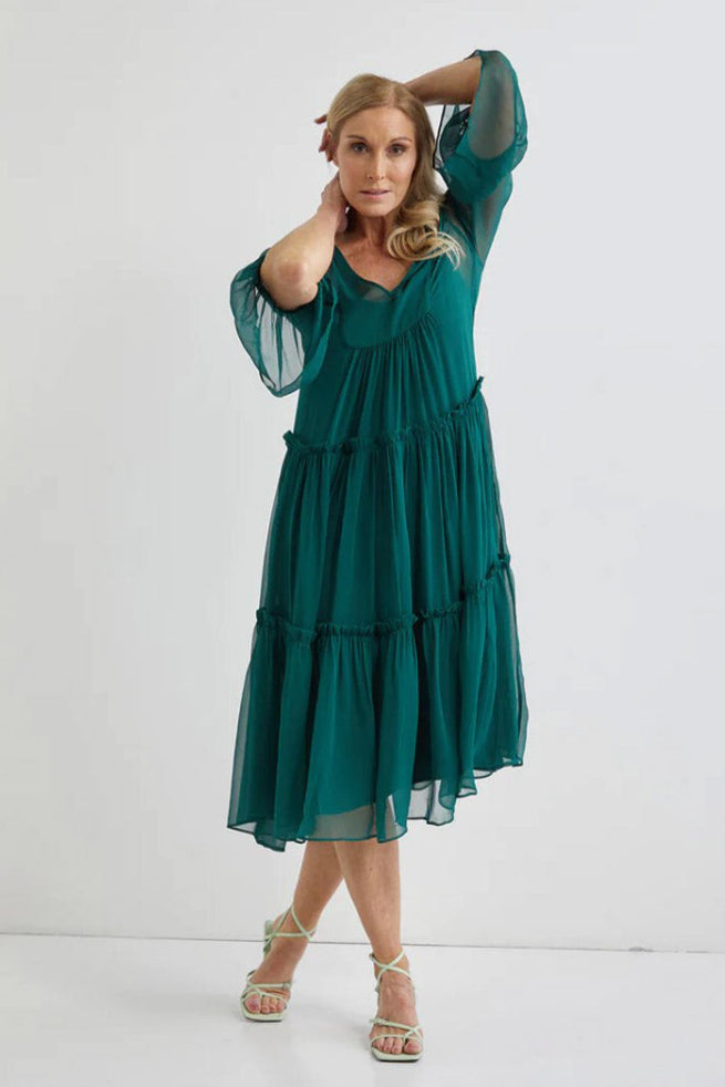 Valentine Silk Midi with Slip - Forest Green