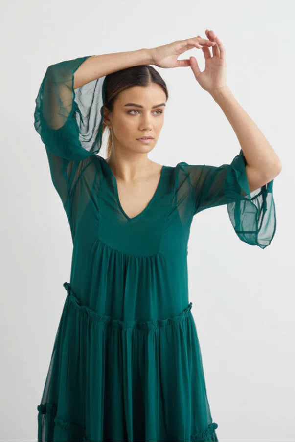 Valentine Silk Midi with Slip - Forest Green