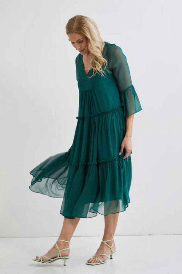Valentine Silk Midi with Slip - Forest Green
