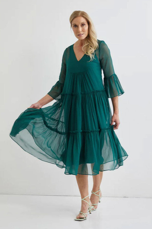 Valentine Silk Midi with Slip - Forest Green