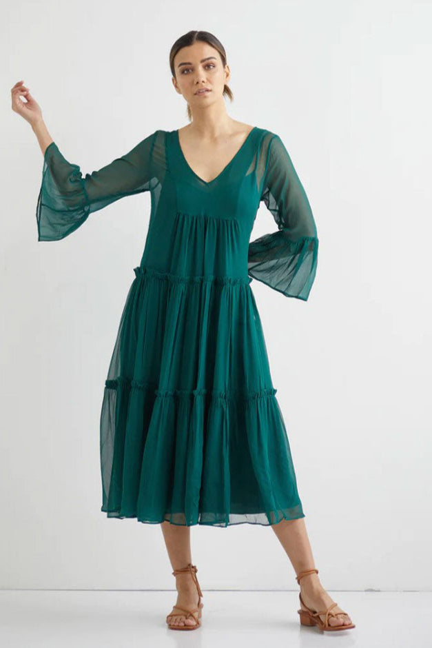Valentine Silk Midi with Slip - Forest Green