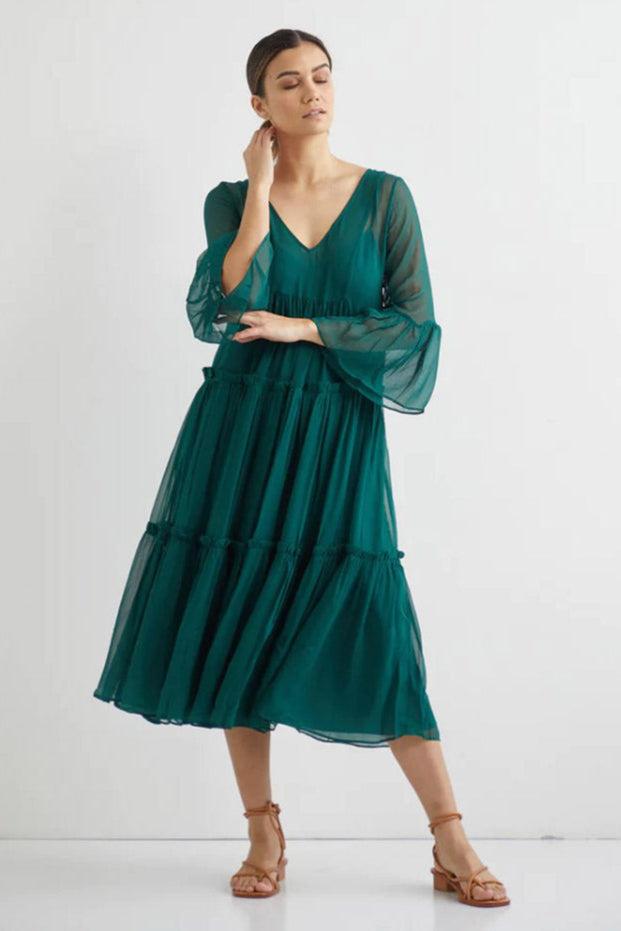 Valentine Silk Midi with Slip - Forest Green