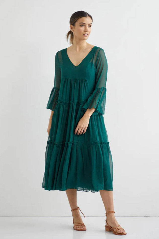 Valentine Silk Midi with Slip - Forest Green
