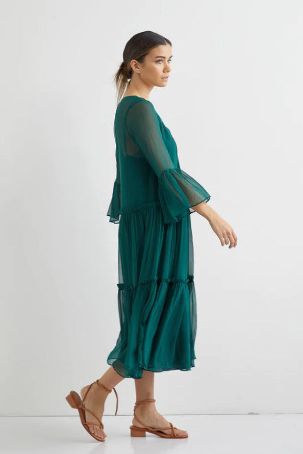 Valentine Silk Midi with Slip - Forest Green