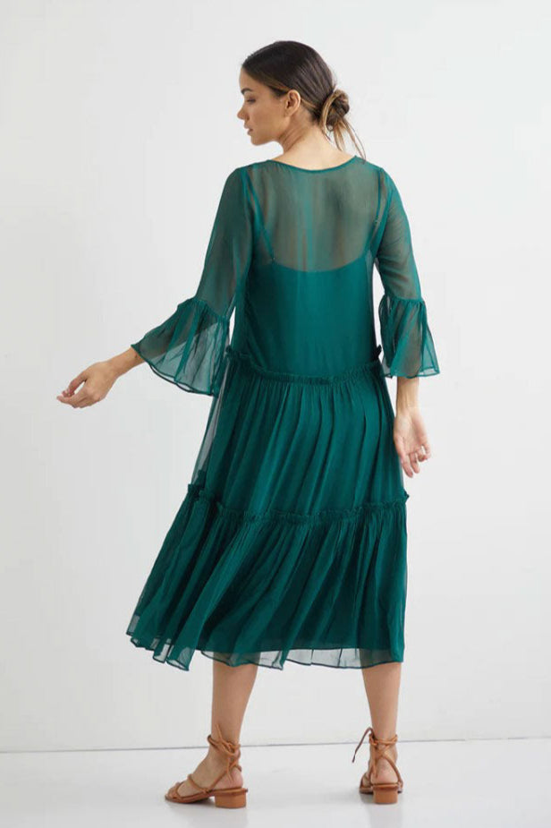 Valentine Silk Midi with Slip - Forest Green