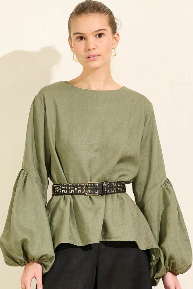Falling Bell Sleeve Top - Moss Linen