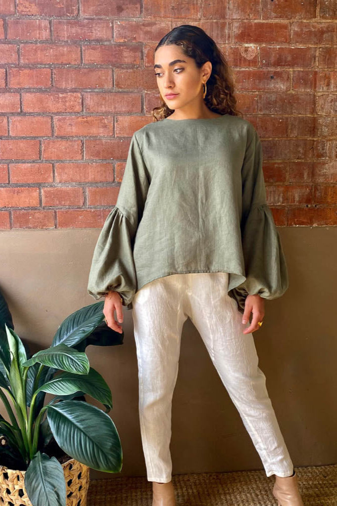 Falling Bell Sleeve Top - Moss Linen