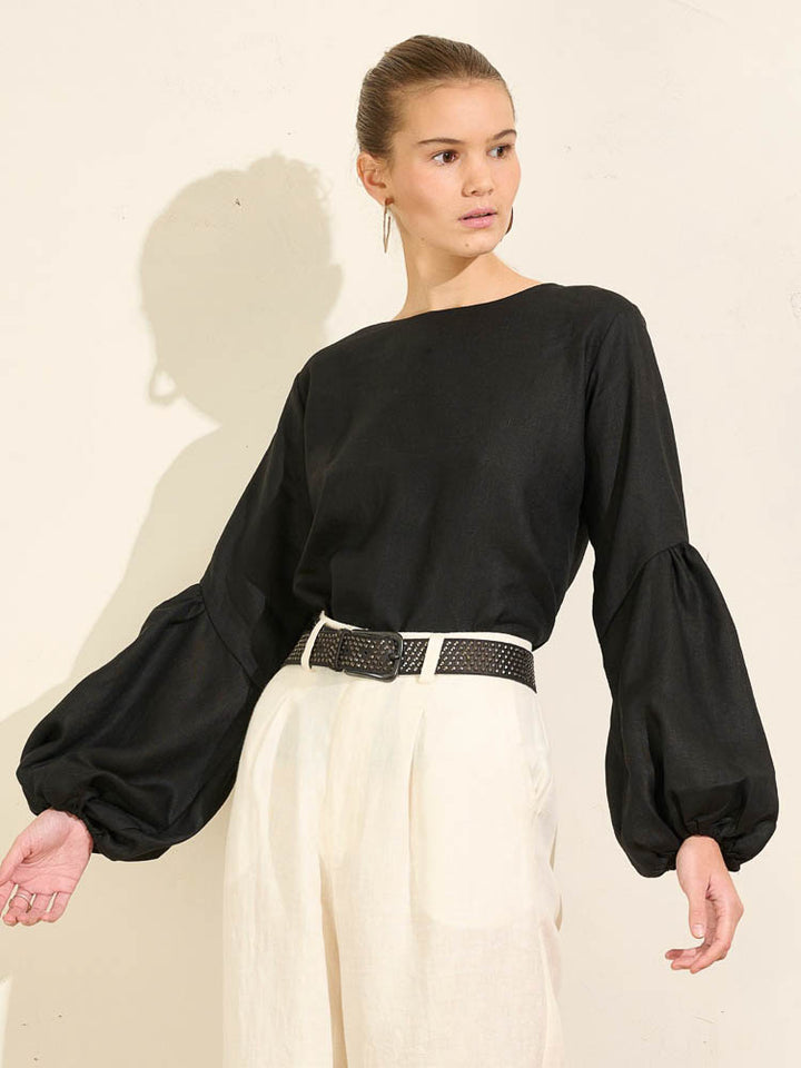 Falling Bell Sleeve Top - Onyx Linen