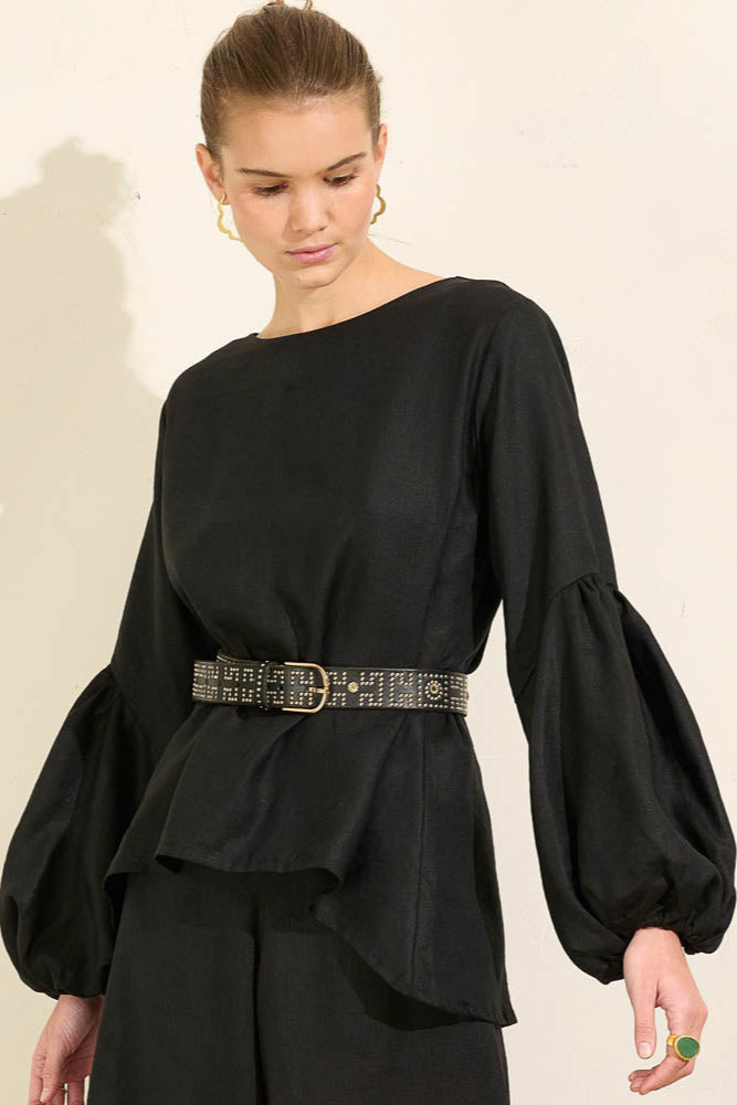 Falling Bell Sleeve Top - Onyx Linen
