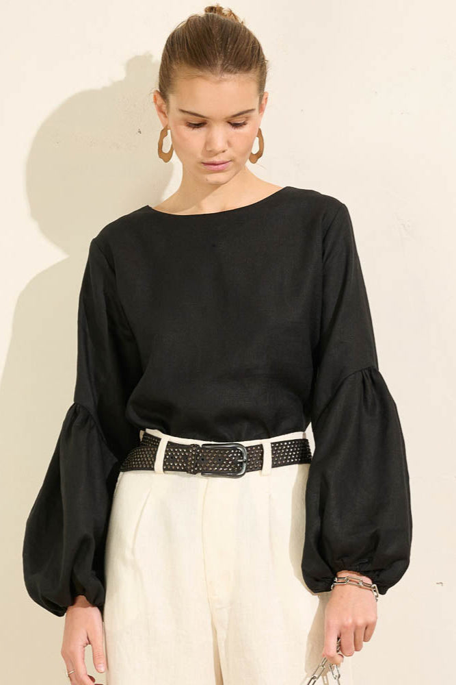 Falling Bell Sleeve Top - Onyx Linen