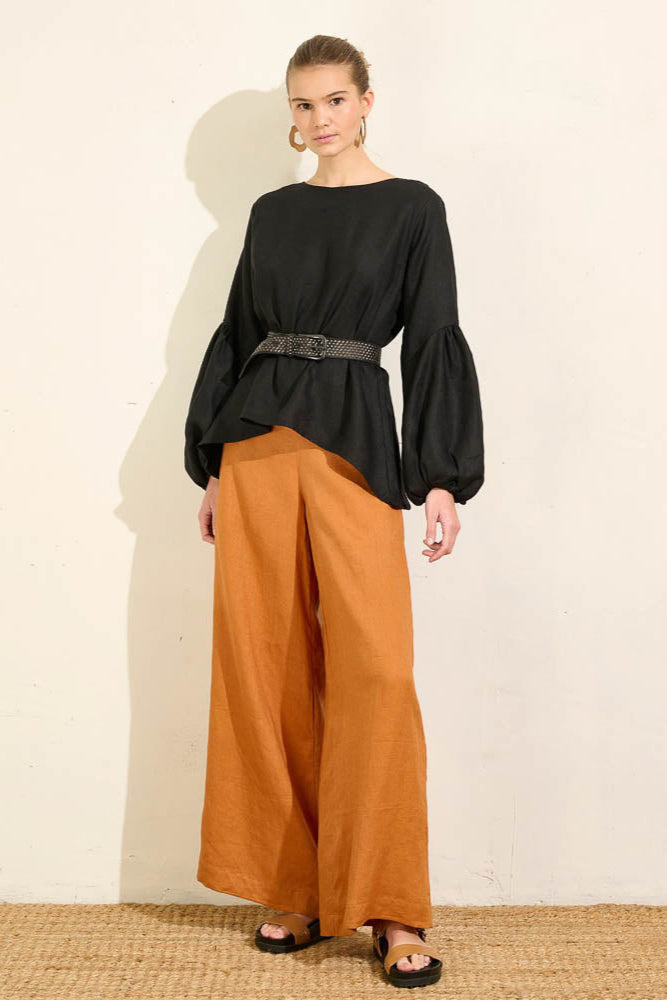 Falling Bell Sleeve Top - Onyx Linen