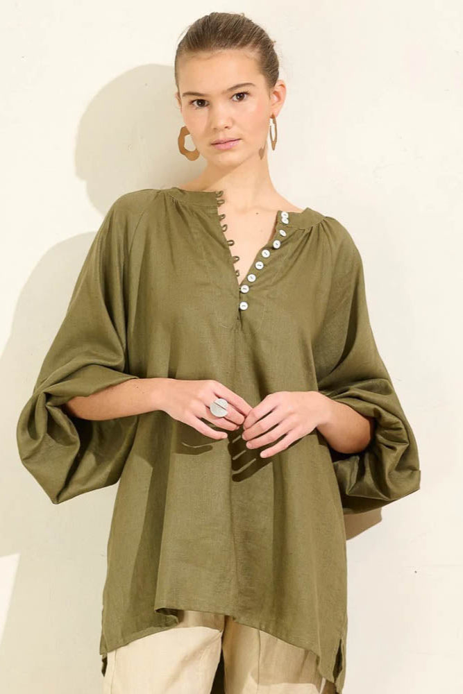 Blouson Sleeve Top - Moss Linen