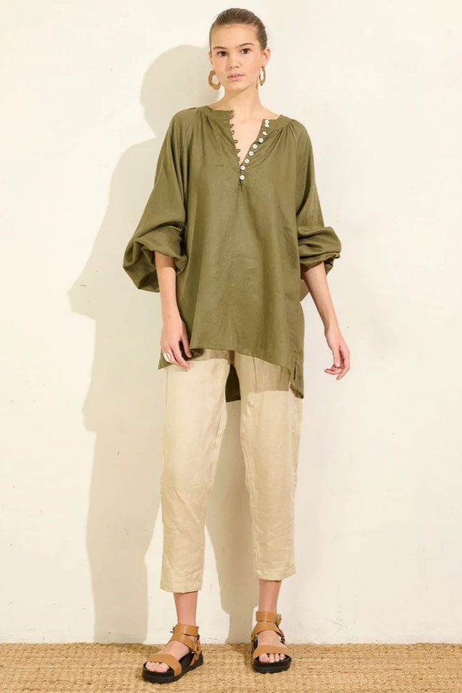 Blouson Sleeve Top - Moss Linen