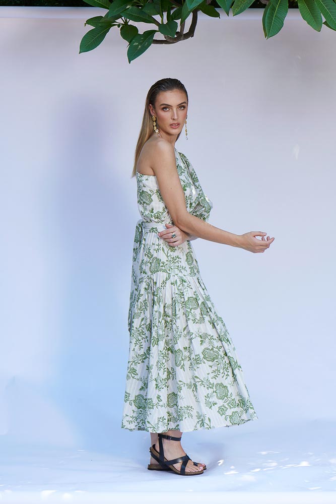 Beautify Midi One Shoulder Dress - Olive Floral