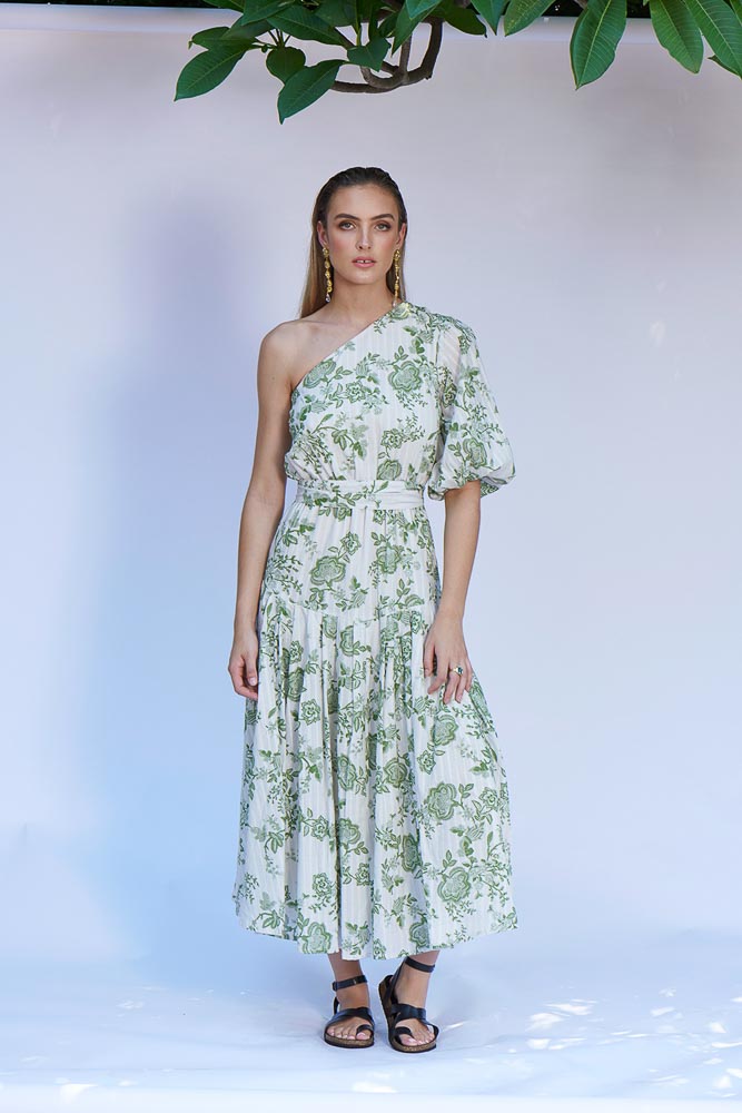 Beautify Midi One Shoulder Dress - Olive Floral