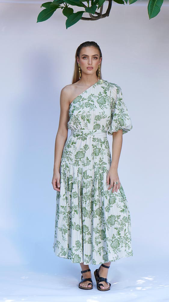 Beautify Midi One Shoulder Dress - Olive Floral