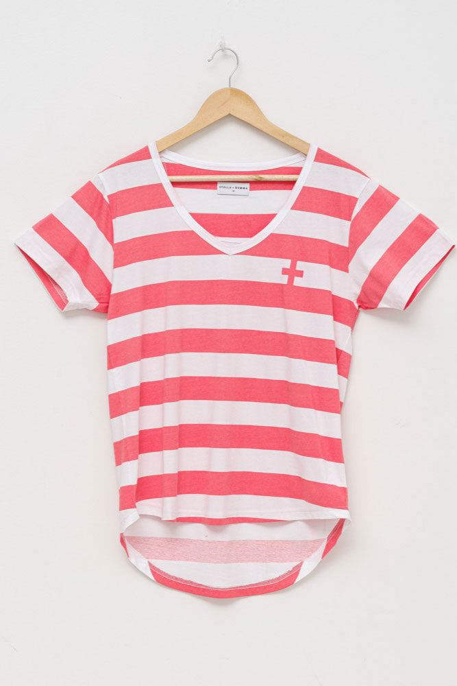 Stella + Gemma V-Neck Tee - White/Coral Stripe