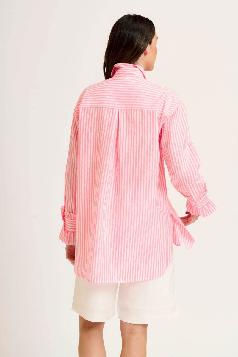 The Frill Front & Cuff Shirt - Pink Neon Stripe