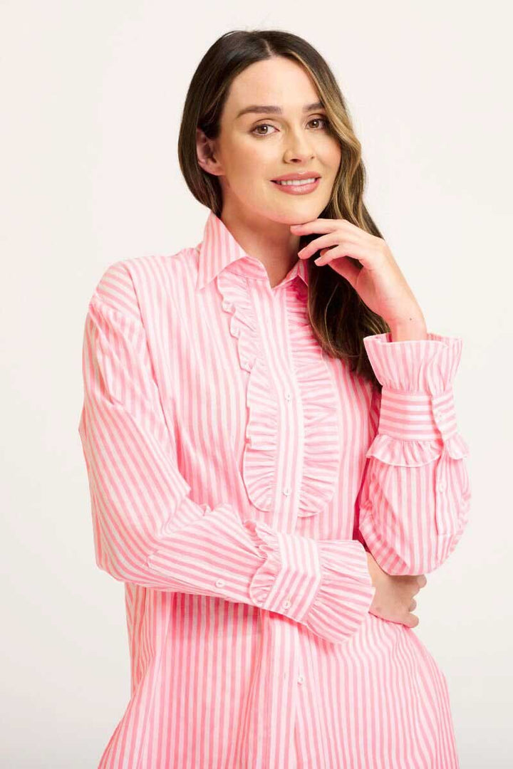 The Frill Front & Cuff Shirt - Pink Neon Stripe