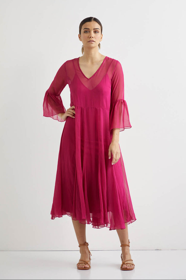 Lotus Silk Midi + Slip - Fuschia
