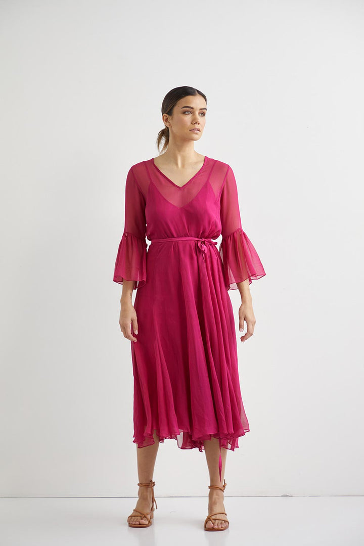 Lotus Silk Midi + Slip - Fuschia
