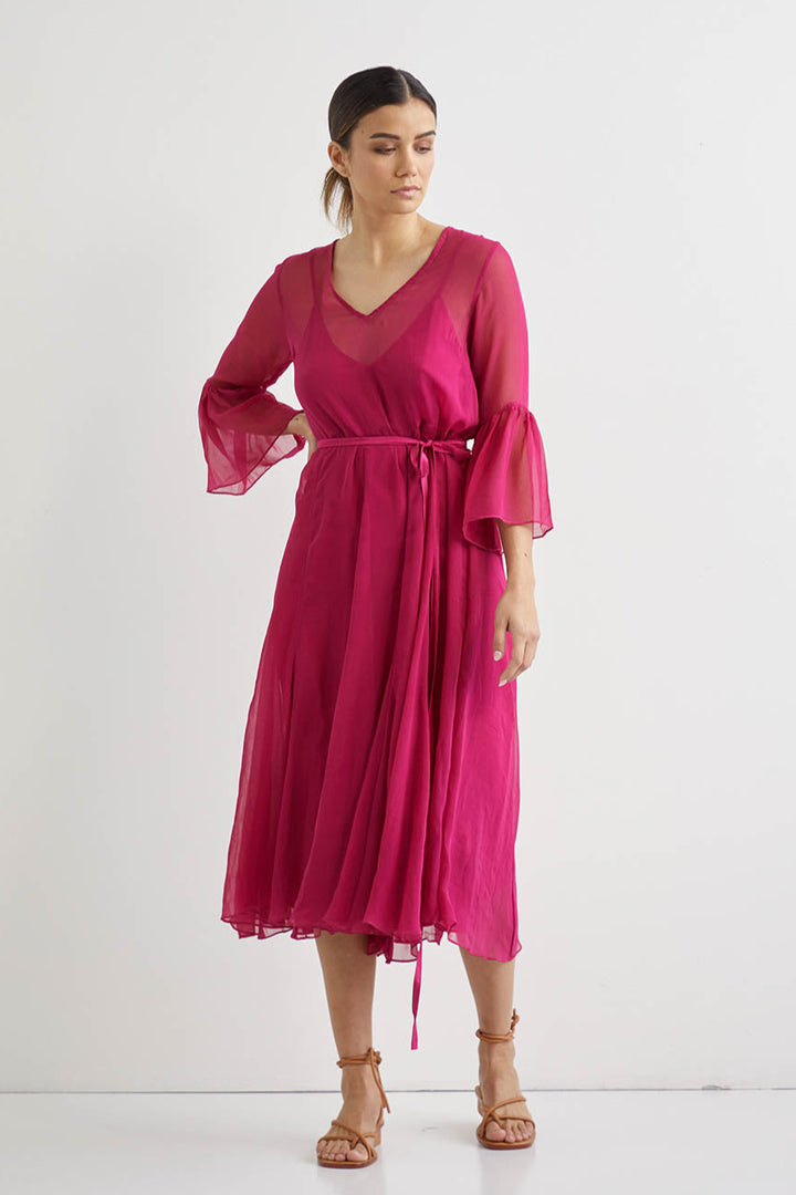 Lotus Silk Midi + Slip - Fuschia