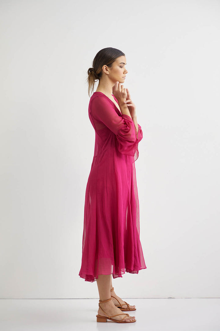 Lotus Silk Midi + Slip - Fuschia